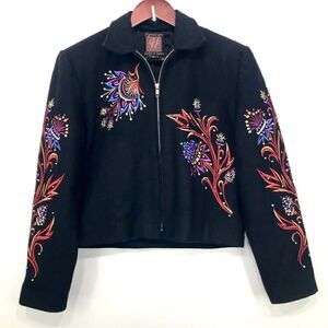 Signature Gordon & James Black Wool Colorful Embroidered Crop Jacket